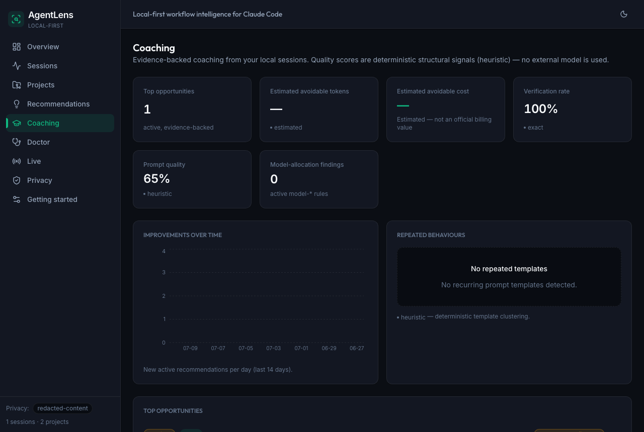 Prompt coaching interface with baseline metrics in dark mode