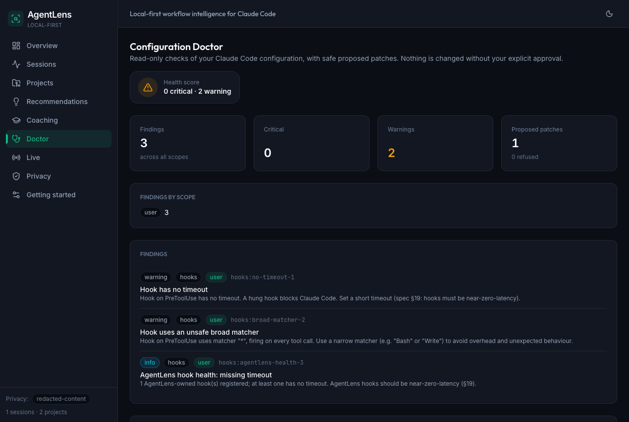 Configuration doctor proposing safe reviewable patches in dark mode