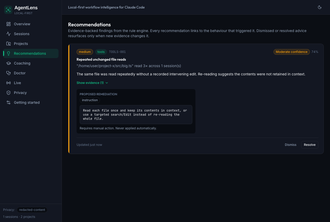Evidence-backed recommendations list showing TOOLS-001 in dark mode