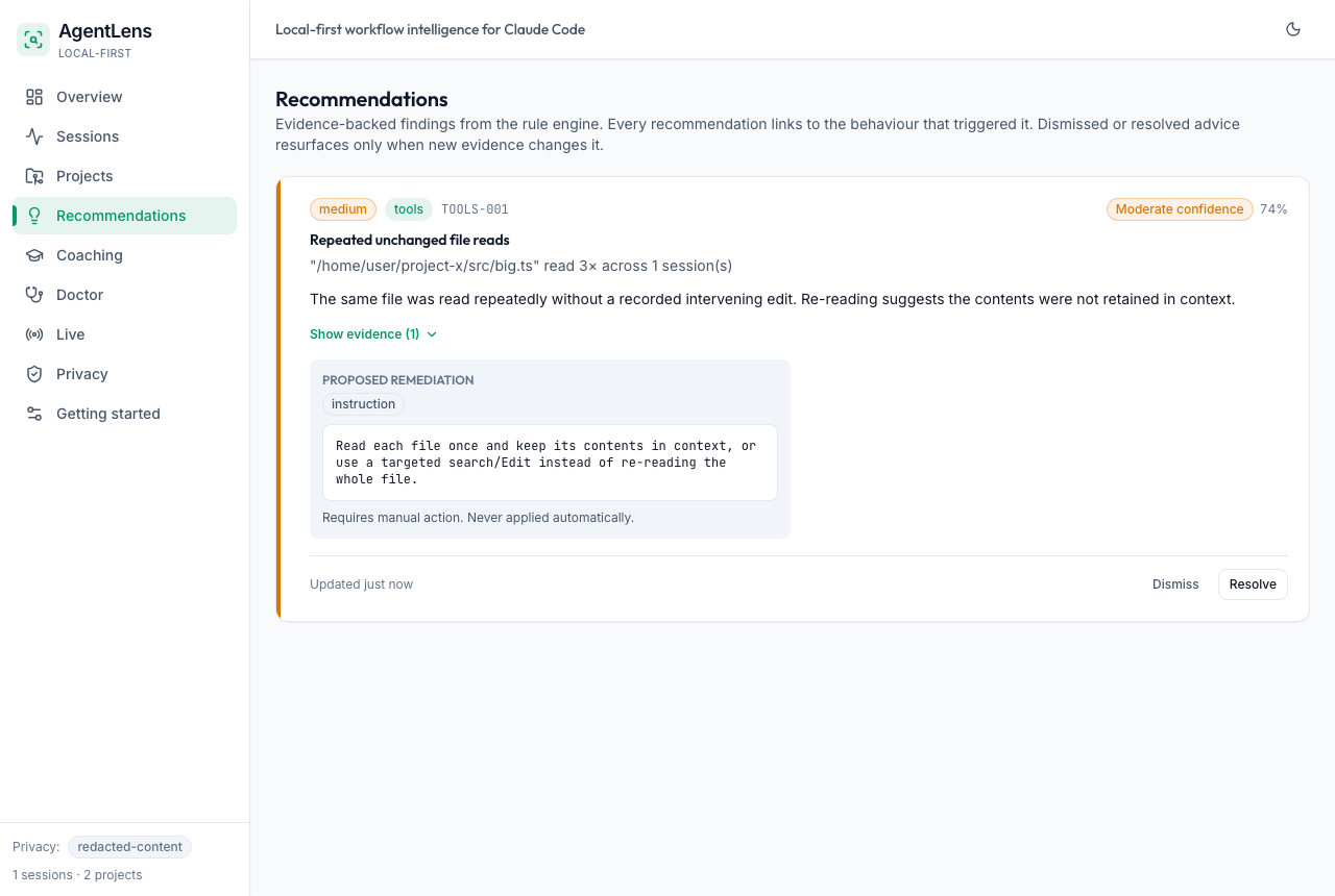 Evidence-backed recommendations list showing TOOLS-001