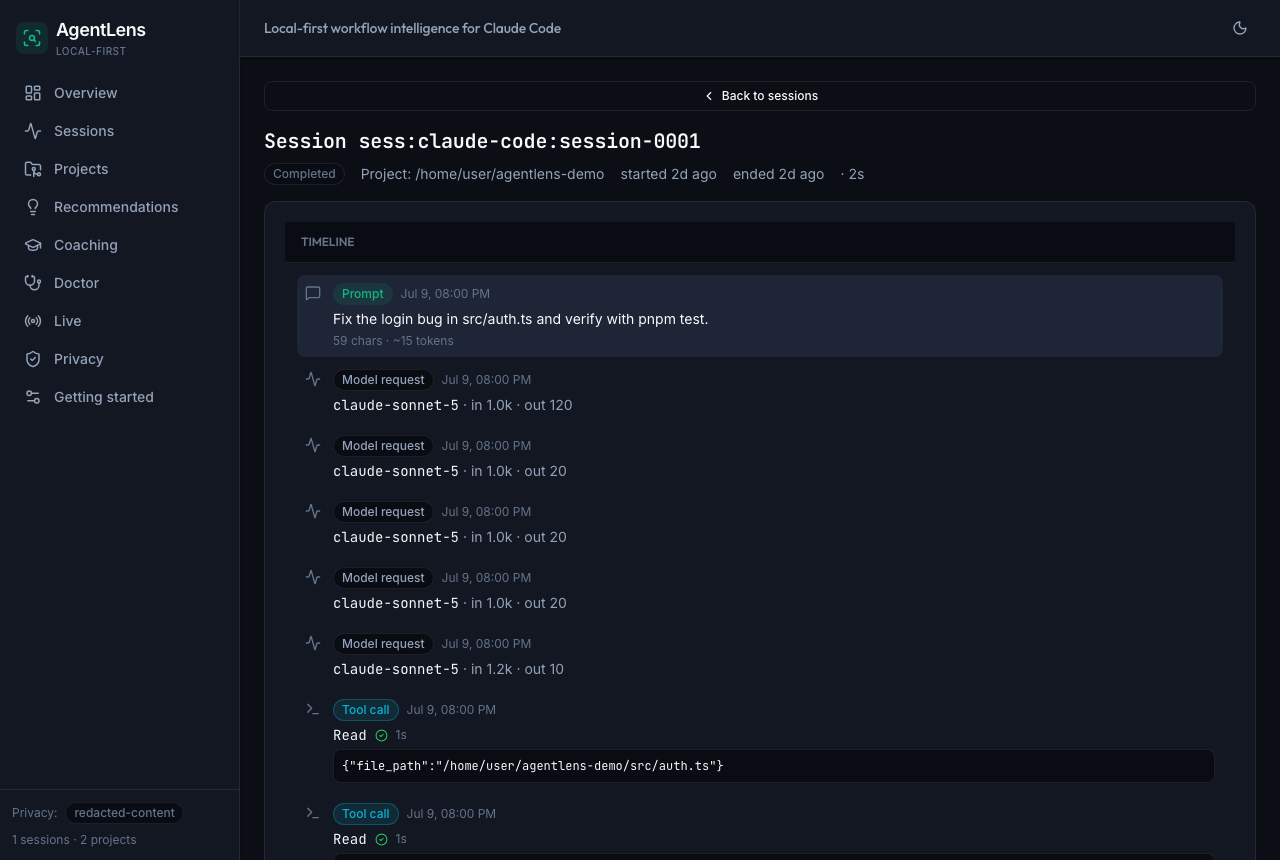 Session detail view with timeline reconstruction in dark mode