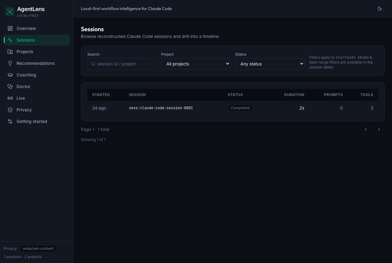 Sessions list showing reconstructed local sessions in dark mode